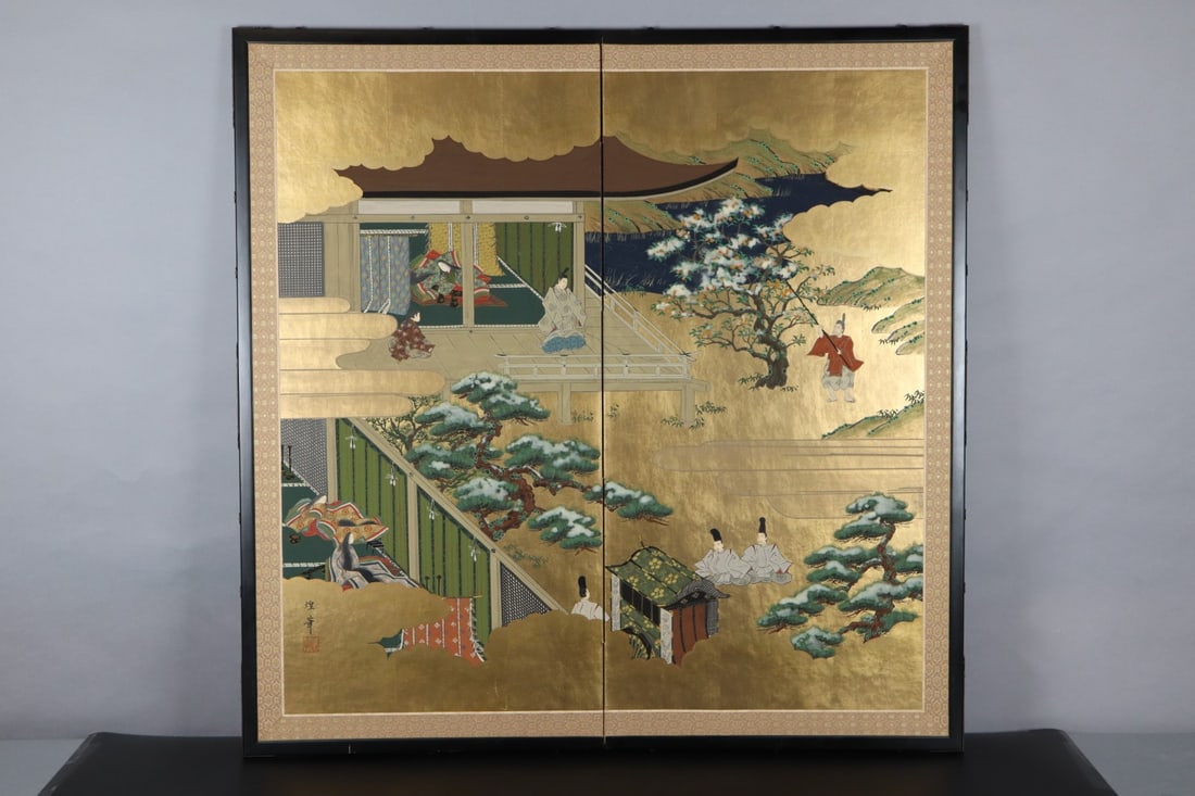 JAPANESE TWO PANEL FOLDING SCREEN DIVIDER, SCENES FROM THE "TALE OF GENJI", INK, COLOR, GOLD, AND GO (1 of 7)