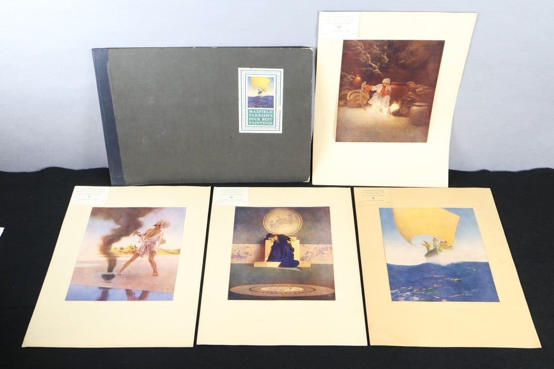 MAXFIELD PARRISH ARABIAN NIGHTS PRINT COLLECTION, FOUR PRINTS ON PAPER DE LUXE EDITION; THE HISTORY: DESCRIPTION: MAXFIELD PARRISH ARABIAN NIGHTS PRINT COLLECTION, FOUR PRINTS ON PAPER DE LUXE EDITION; THE HISTORY OF THE FISHERMAN AND THE GENIE, THE KING OF THE BLACK ISLES, PRINCE CODADAD HIS BROTHER