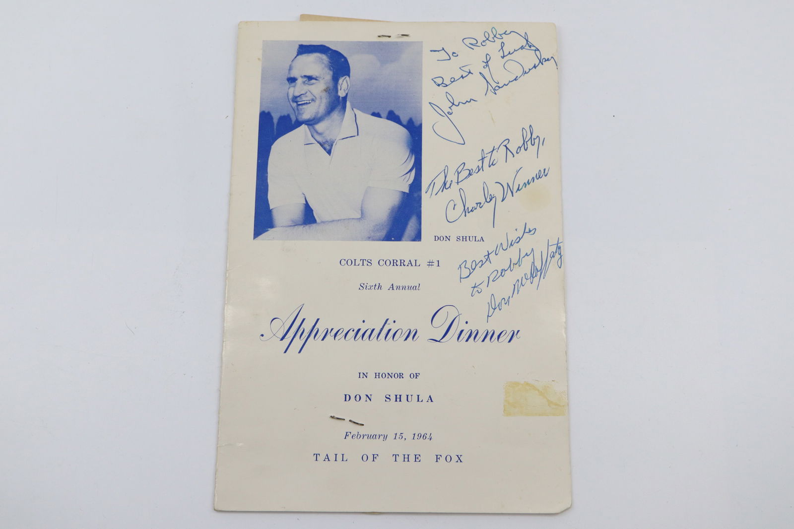 1964 DON SHULA APPRECIATION DINNER PROGRAM FOR ROBBIE WITH PLAYER & COACH AUTOGRAPHS; DOUBLE JOHNNY: 1964 DON SHULA APPRECIATION DINNER PROGRAM FOR ROBBIE WITH PLAYER & COACH AUTOGRAPHS; DOUBLE JOHNNY UNITAS(QB), DON SHULA(HEAD COACH), JOHN SANDUSKY(OFFENSIVE LINE), CHARLEY WINNER(DEFENSIVE COORDINAT