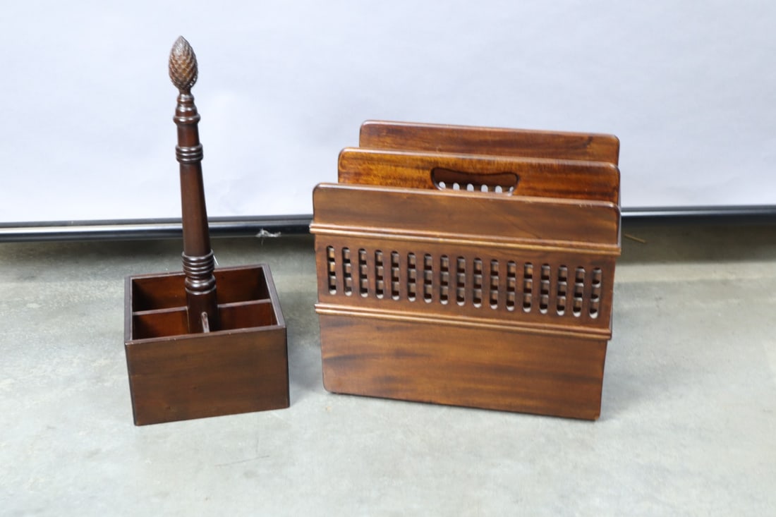MAHOGANY MAGAZINE RACK AND WINE BOTTLE HOLDER.: DESCRIPTION: MAHOGANY MAGAZINE RACK AND WINE BOTTLE HOLDER. CONDITION: Please see photos for condition. Condition is commensurate with age and use. We aim to take additional photos of any noticeable d