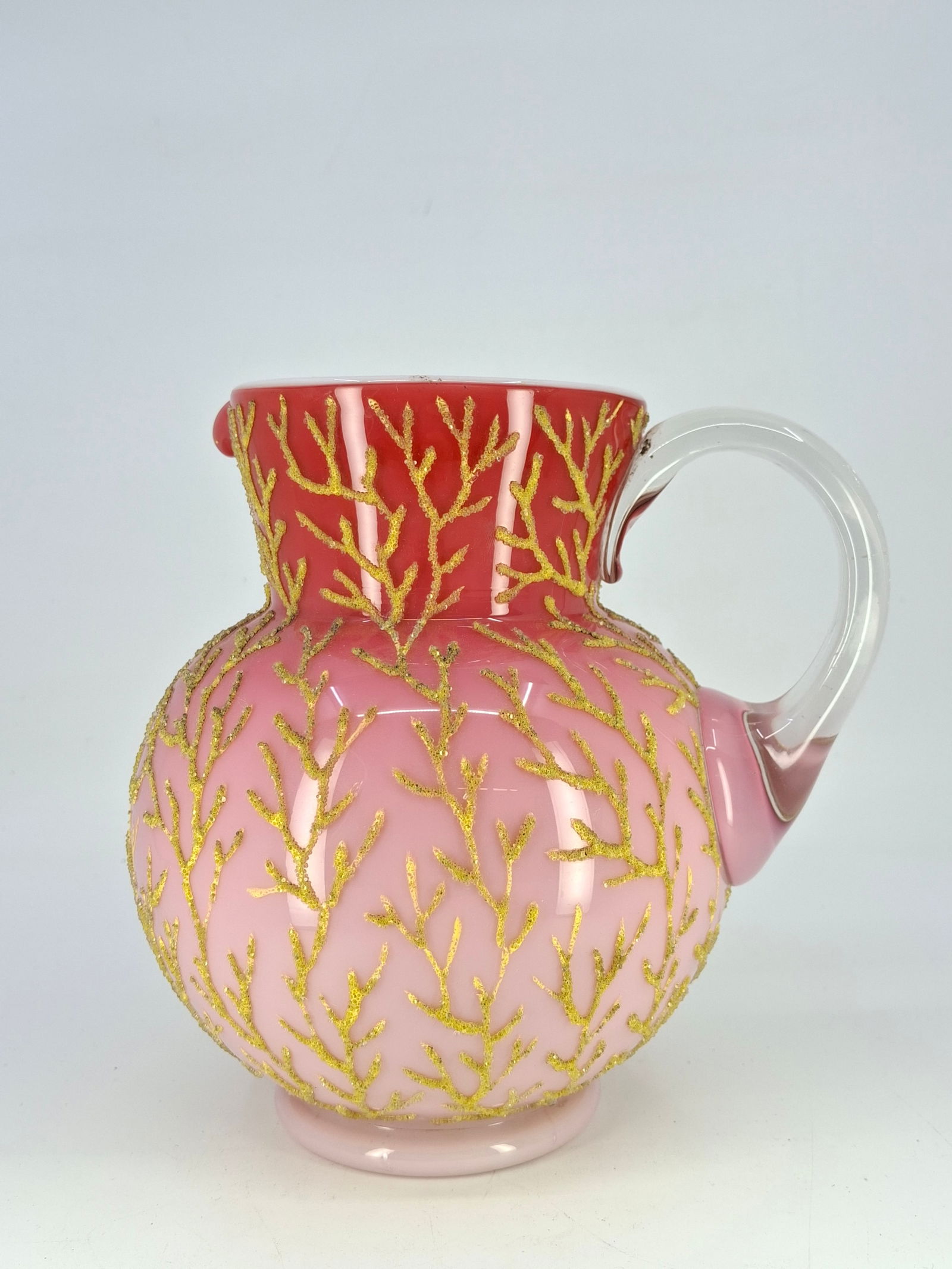 19c MT. WASHINGTON GLASS SATIN PEACH BLOW CORALENE PITCHER, 6.25"H. Mt. Washington Glass Company. Th (1 of 5)