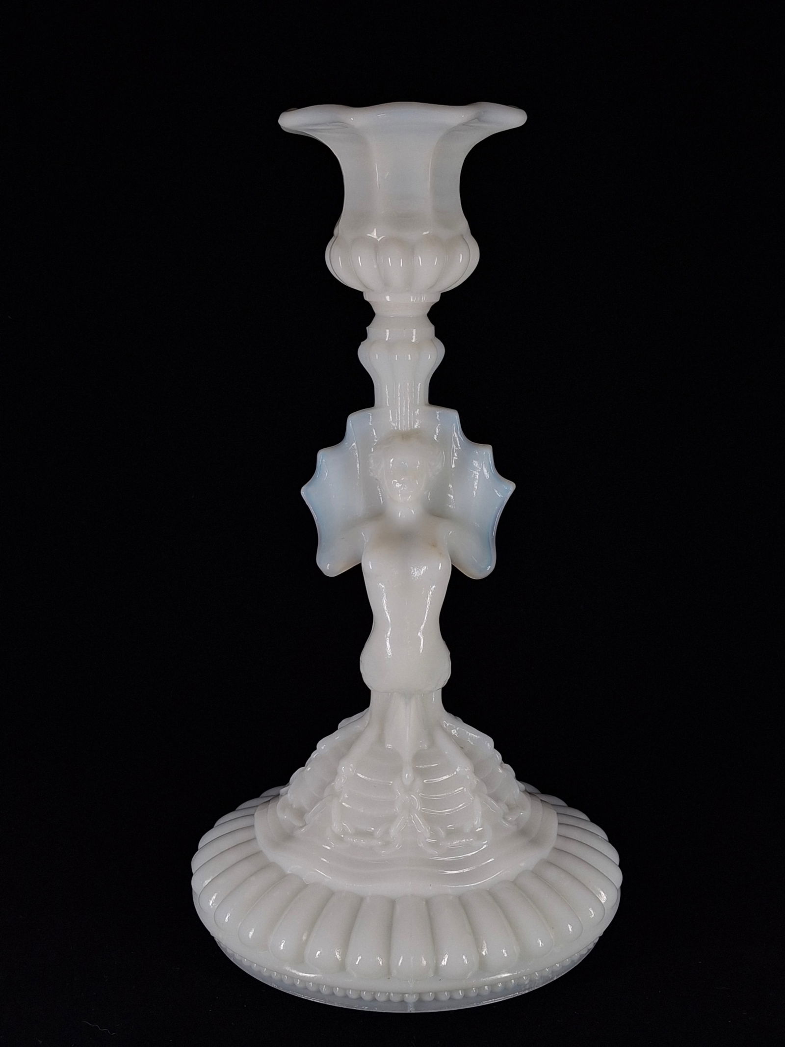 PORTIEUX VALLERYSTHAL OPALINE MILK GLASS MERMAID CANDLESTICK, 9.25"H: DESCRIPTION: PORTIEUX VALLERYSTHAL OPALINE MILK GLASS MERMAID CANDLESTICK, 9.25"H. CONDITION: Please See Photos For Condition. Condition Is Commensurate With Age And Use. We Aim To Take Additional Pho