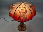 LARGE ANTIQUE REVERSE PAINTED LAMP, WITH NATIVE AMERICAN CHIEF