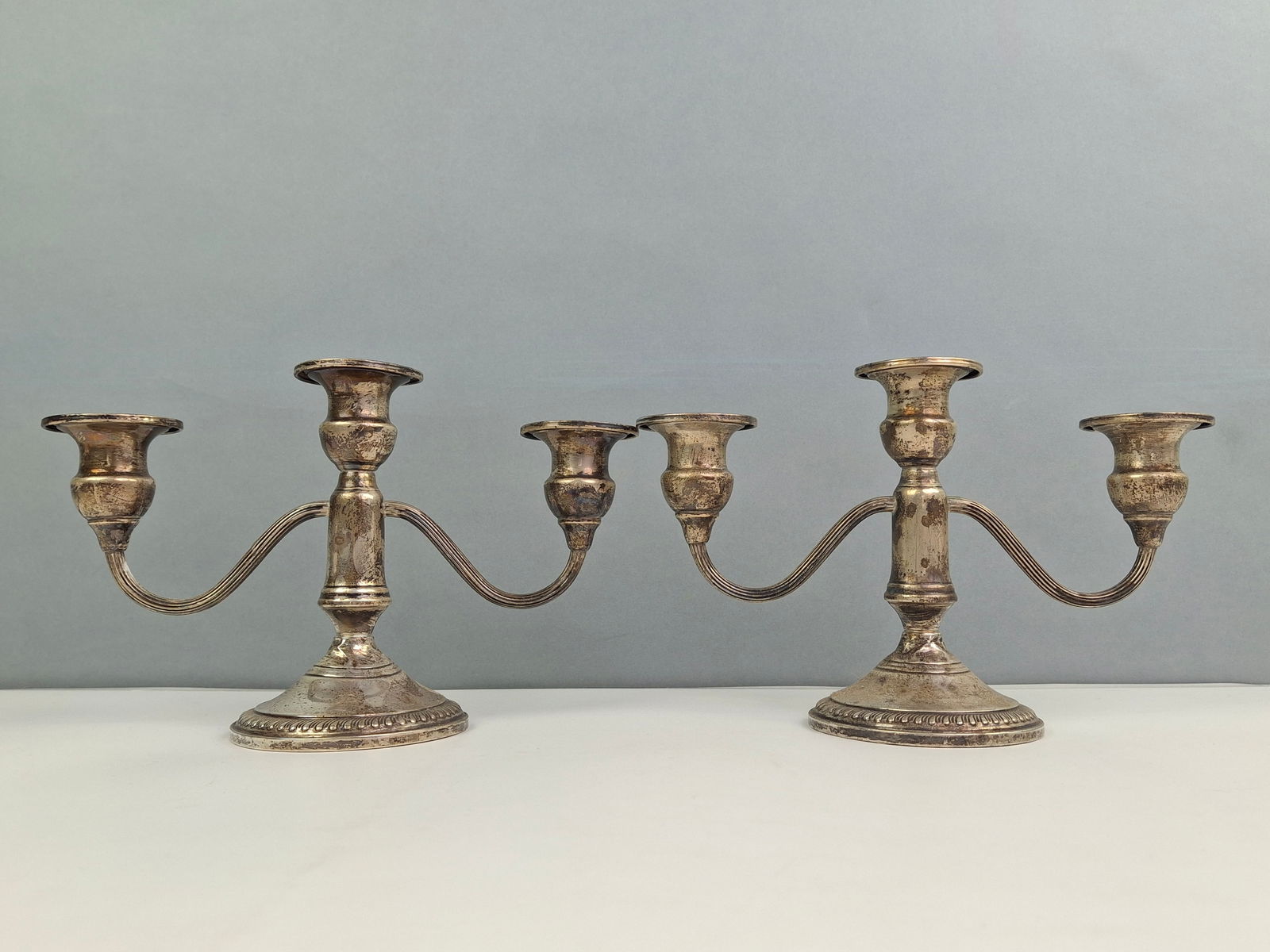 STERLING SILVER CANDELABRA, 316 G EACH, "459": DESCRIPTION: STERLING SILVER CANDELABRA, 316 G EACH, "459". CONDITION: Please See Photos For Condition. Condition Is Commensurate With Age And Use. We Aim To Take Additional Photos Of Any Noticeable D