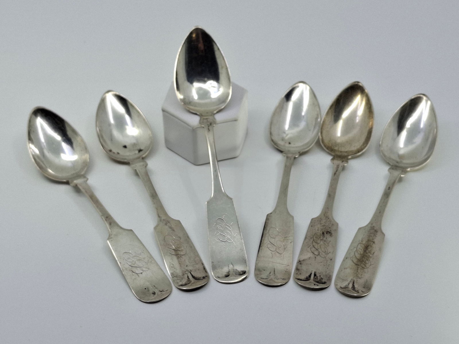 6)1785-1820 O.V. GAFFNEY COIN SILVER SPOONS 6" 104 G TOTAL. (1 of 4)