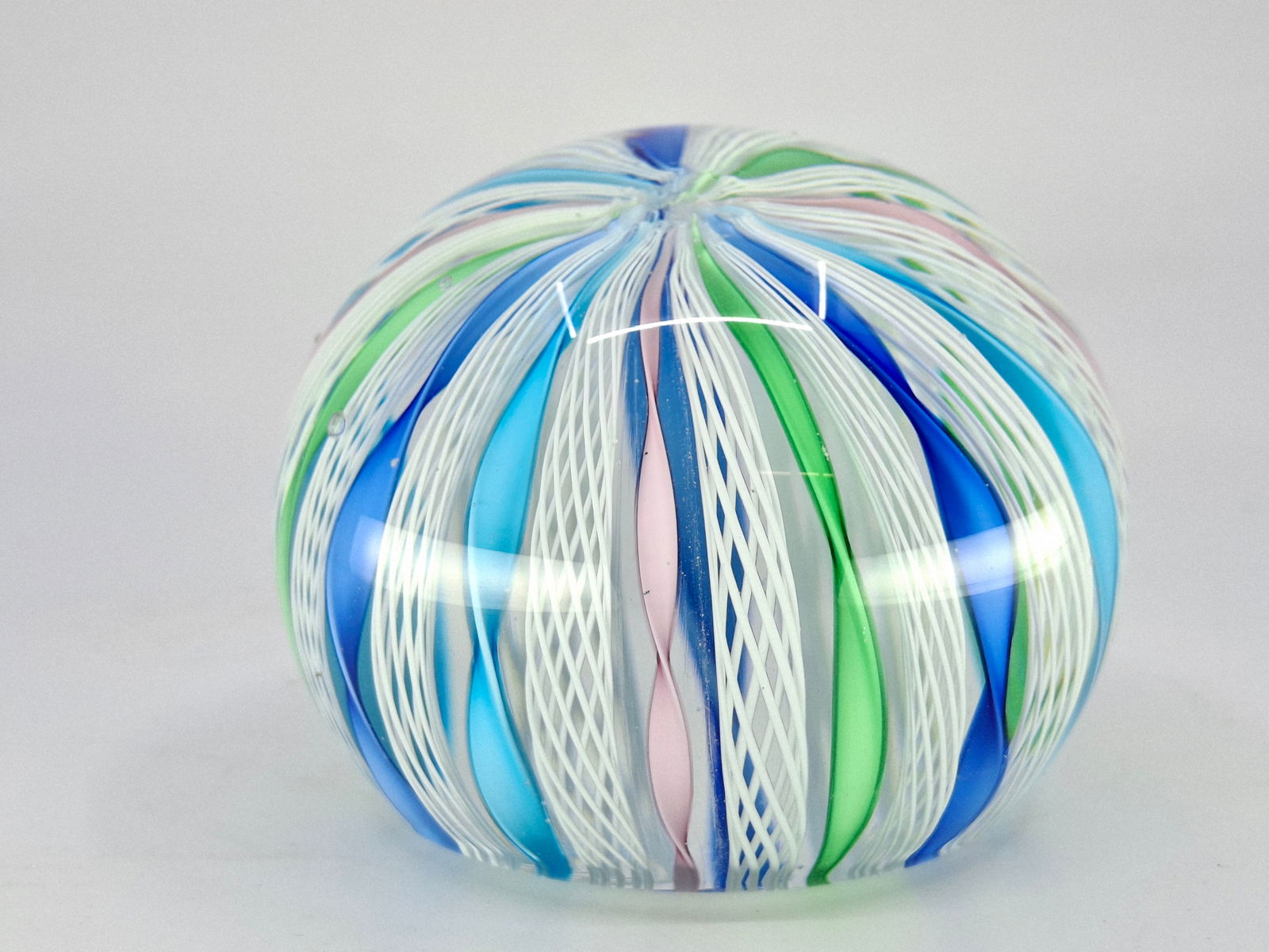 VINTAGE MURANO GLASS TWISTED CANE PAPERWEIGHT, 2.8". LATTICINIO AND ZANFIRICO PATTERNS IN WHITE, BLU (1 of 3)