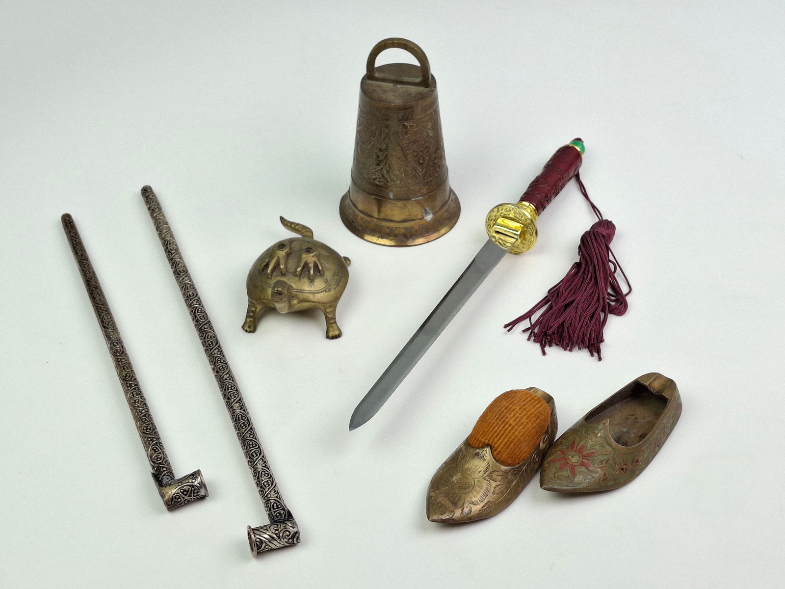 GROUP OF VINTAGE BRASS AND SILVER ITEMS- PIPES, TURTLE, BELL, CARVED RED LACQUER LETTER OPENER, PIN (1 of 3)
