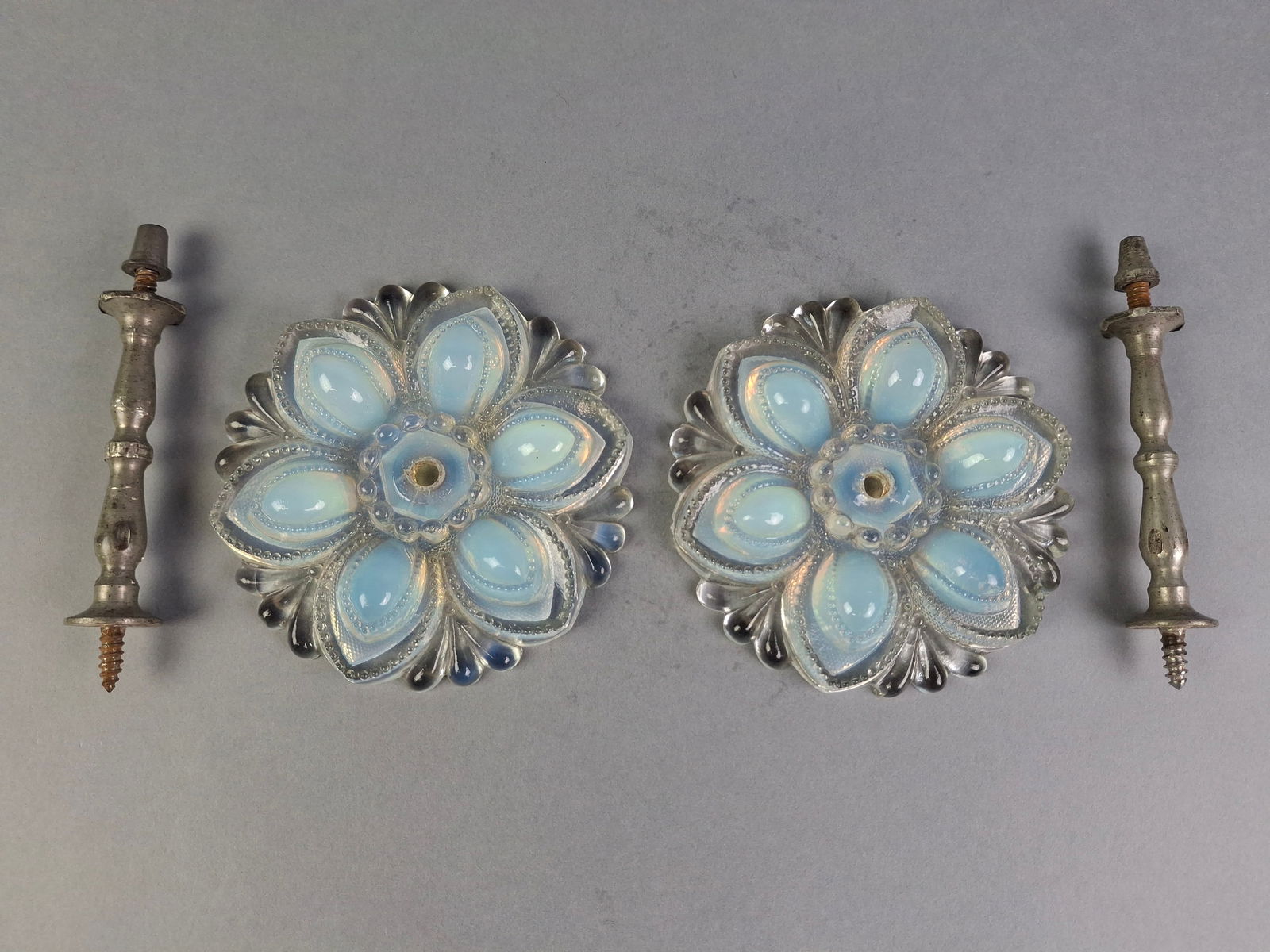 PAIR OF VICTORIAN OPALESCENT GLASS CURTAIN TIE-BACKS, APPROX. 5-1/2", WITH ORIGINAL HARDWARE. (1 of 8)
