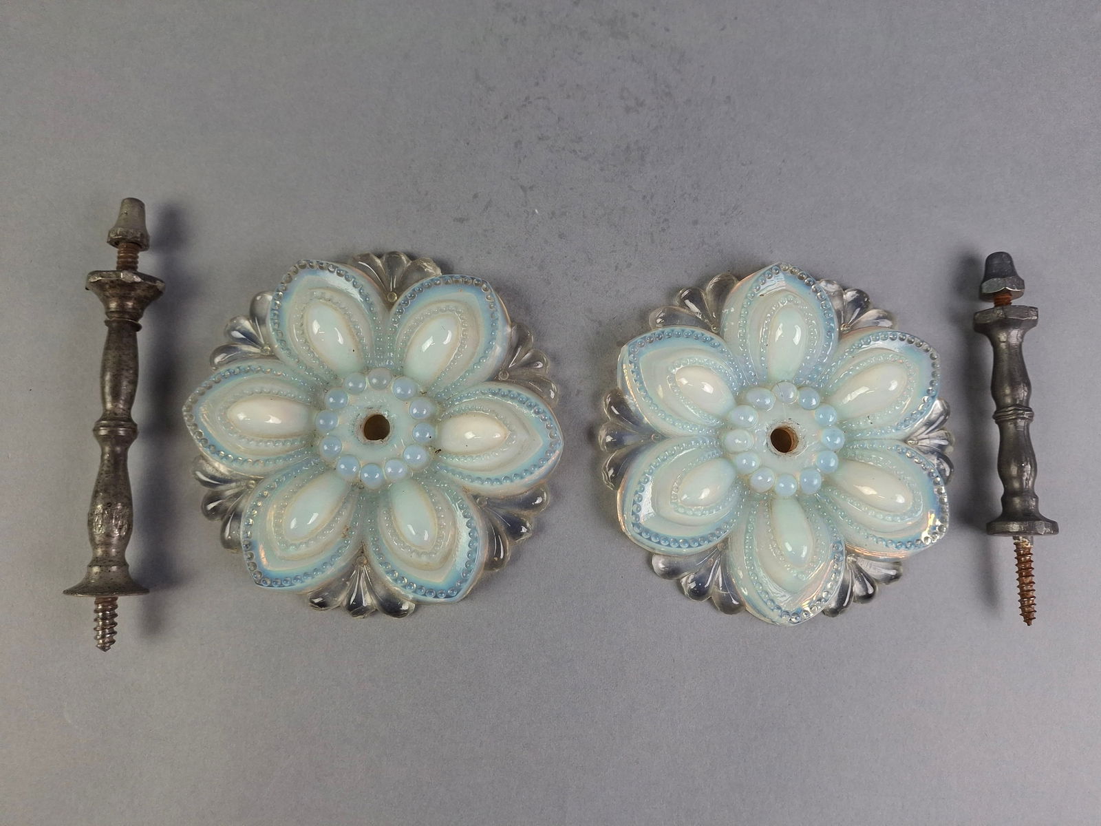 PAIR OF VICTORIAN OPALESCENT GLASS CURTAIN TIE-BACKS, APPROX. 5-1/2", WITH ORIGINAL HARDWARE. (1 of 6)