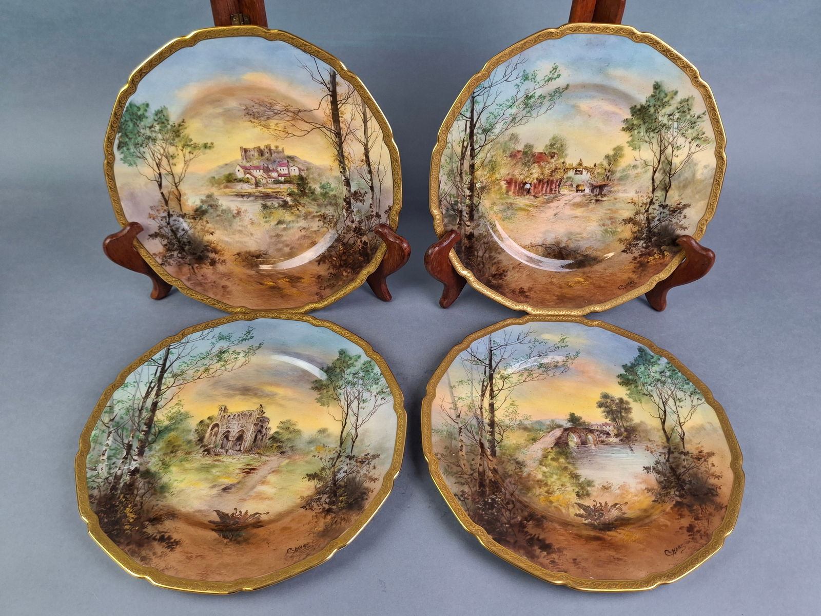 FOUR ROYAL DOULTON HAND-PAINTED CABINET PLATES, CASTLES, PAINTED BY C. HART, GOLD RIM, 10-1/4"; ST. (1 of 17)