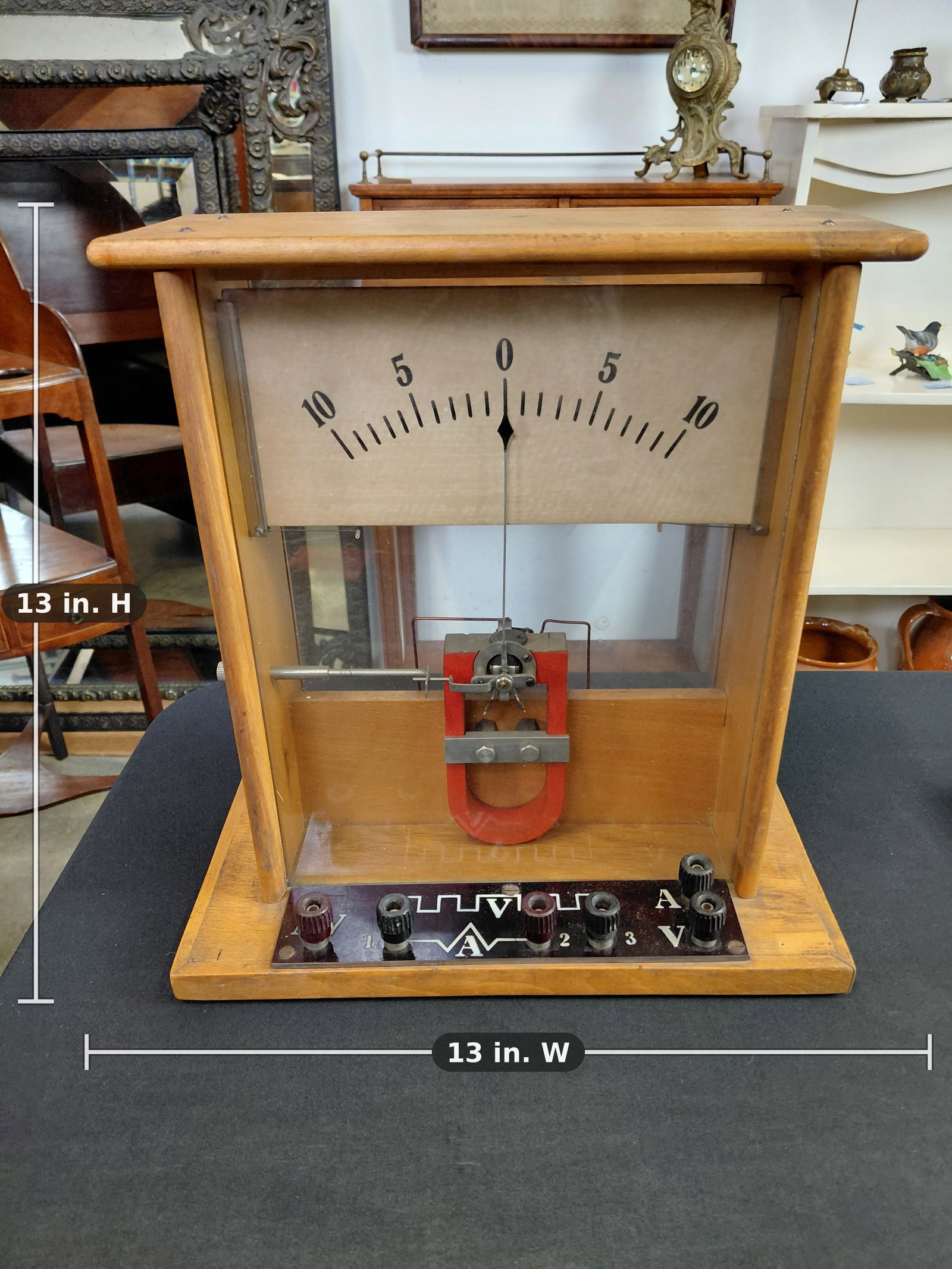 Vintage Classroom Demonstration Galvanometer Volt And Ammeter In Wood And Glass Case: DESCRIPTION: Vintage Classroom Demonstration Galvanometer Volt And Ammeter In Wood And Glass Case. Zero-Center Scale Reading 10-0-10, Exposed Moving Coil Movement With Red Horseshoe Magnet, Six Bindin