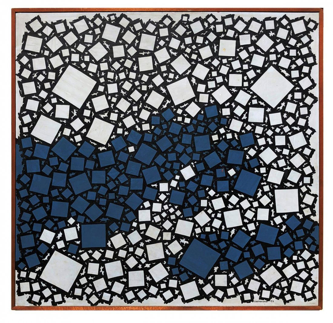 José Pedro Costigliolo (1902-1985) Acrylic on: Cuadro de José Pedro Costigliolo (1902-1985). Acrílico sobre fibra. "Cuadrados XLVI." Firmado y fechado "73" abajo a la derecha. Medidas: alto 68 cm - ancho 68 cm. Al dorso firmado, titulado
