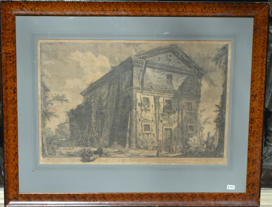 Giovanni Piranesi (escuela italiana, 1720-1778): Grabado de Giovanni Piranesi (escuela italiana, 1720-1778), siglo XVIII. "Vista del templo de Baco." Medidas: ancho 42 cm - ancho 62 cm.