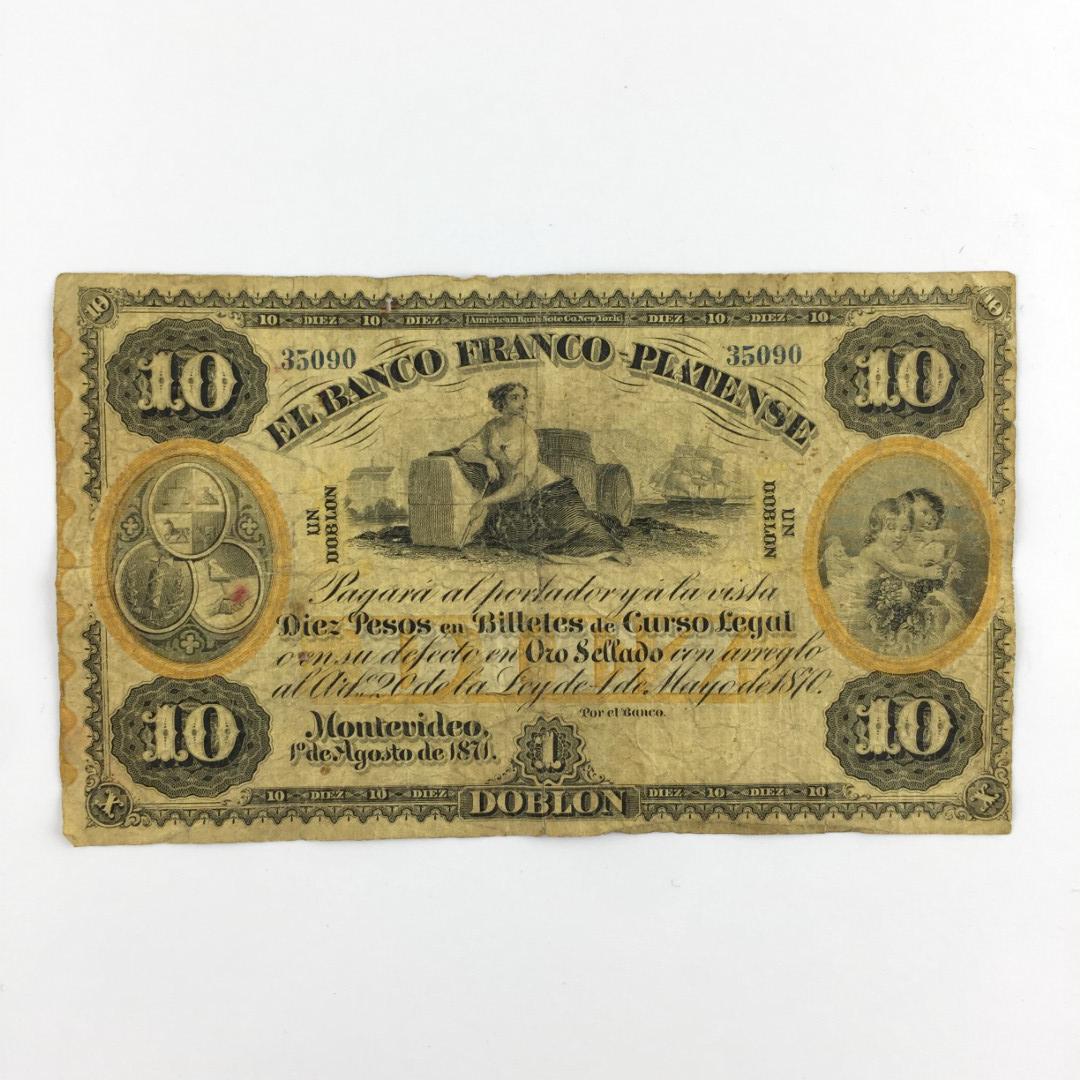 Bank notes: 2 Banco Francoplatense banknotes, denominations 10 pesos equivalent to 1 doubloon, and 20 pesos equivalent to 2 doubloons, years 1871. Some wear and tear. 2 billetes del Banco Francoplatense denominac