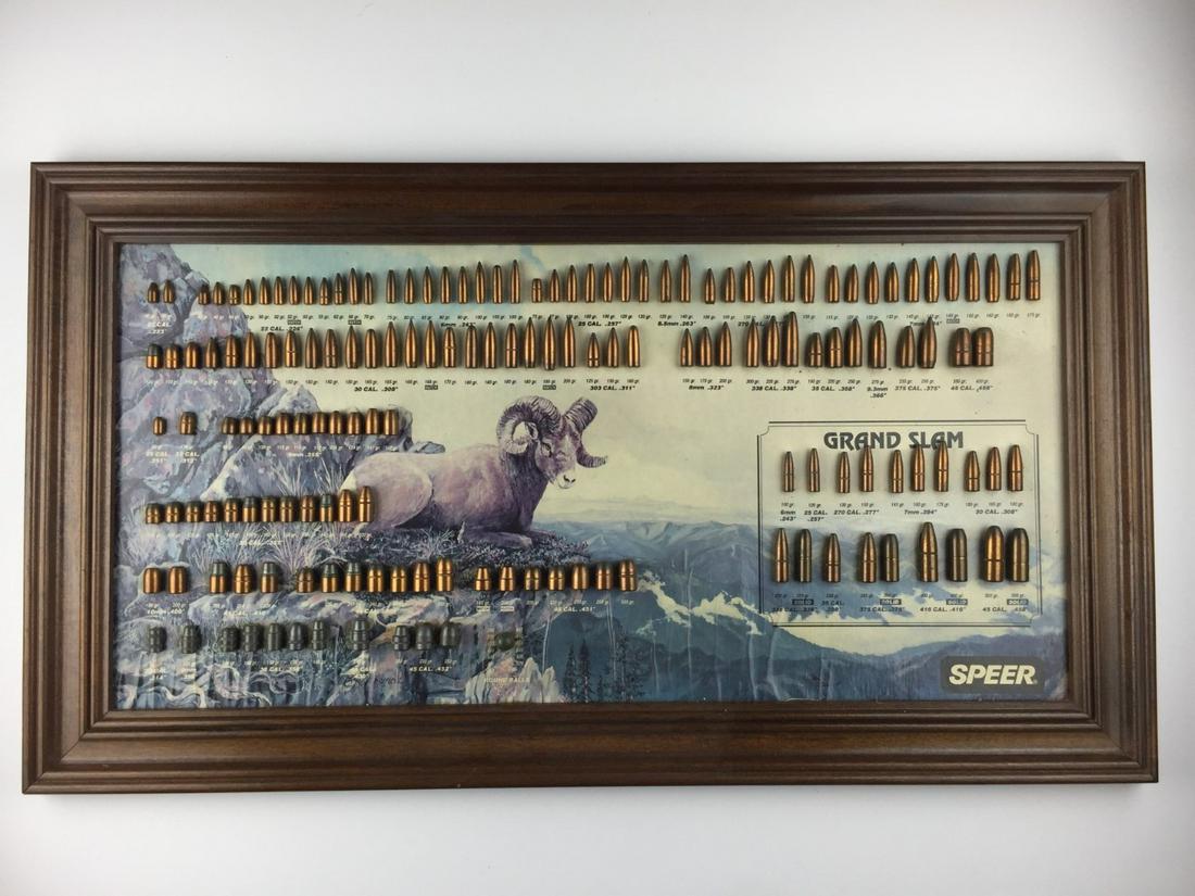 Poster: Board advertising Sper bullet tips, in wood, with informative poster and sample of the pieces. 40 x 70 cm. Cuadro publicitario de puntas de bala Sper, en madera, con póster informativo y muestrar