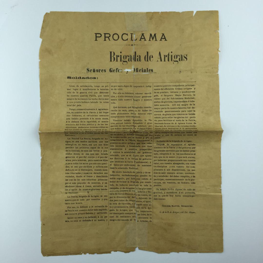 Document: Printed document entitled "Proclamation", addressed to the "soldiers" by Col. Manuel Rodriguez, Chief of the Artigas Brigade, after the "end of the civil war that was destroying our beloved homeland. 