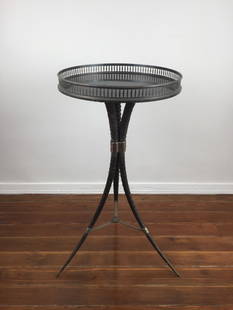 French table designed by Robert Linzeler: French table designed by Robert Linzeler. Lacquered wood top, fretworked silver metal railing and foot with three antelope horns and metal applications. Height 85 cm. Diameter of tray 45.5 cm. Base di