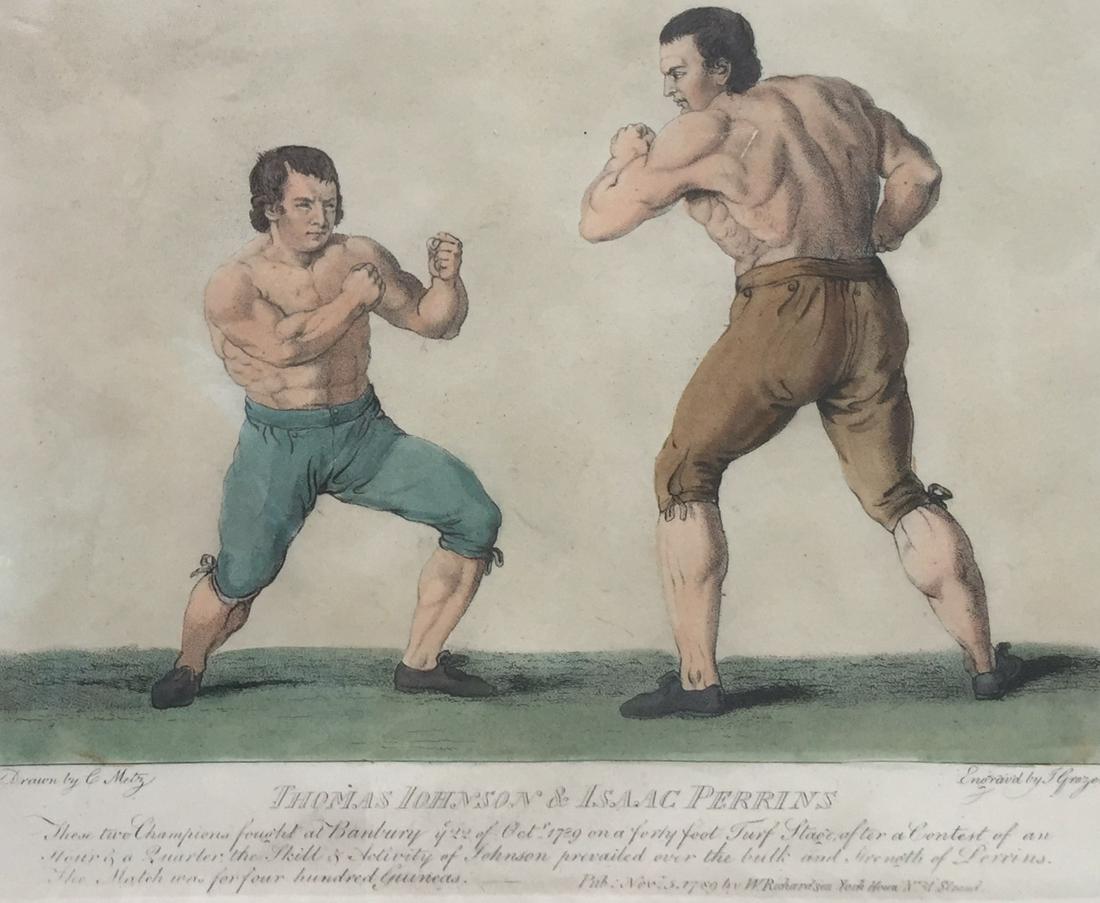 Colour engraving (English school, 19th century).: Colour engraving (English school, 19th century). "Thomas Johnson & Isaac Perrins", boxing scene. 27 x 33 cm. Grabado color (escuela inglesa, siglo XIX). "Thomas Johnson & Isaac Perrins", escena de box