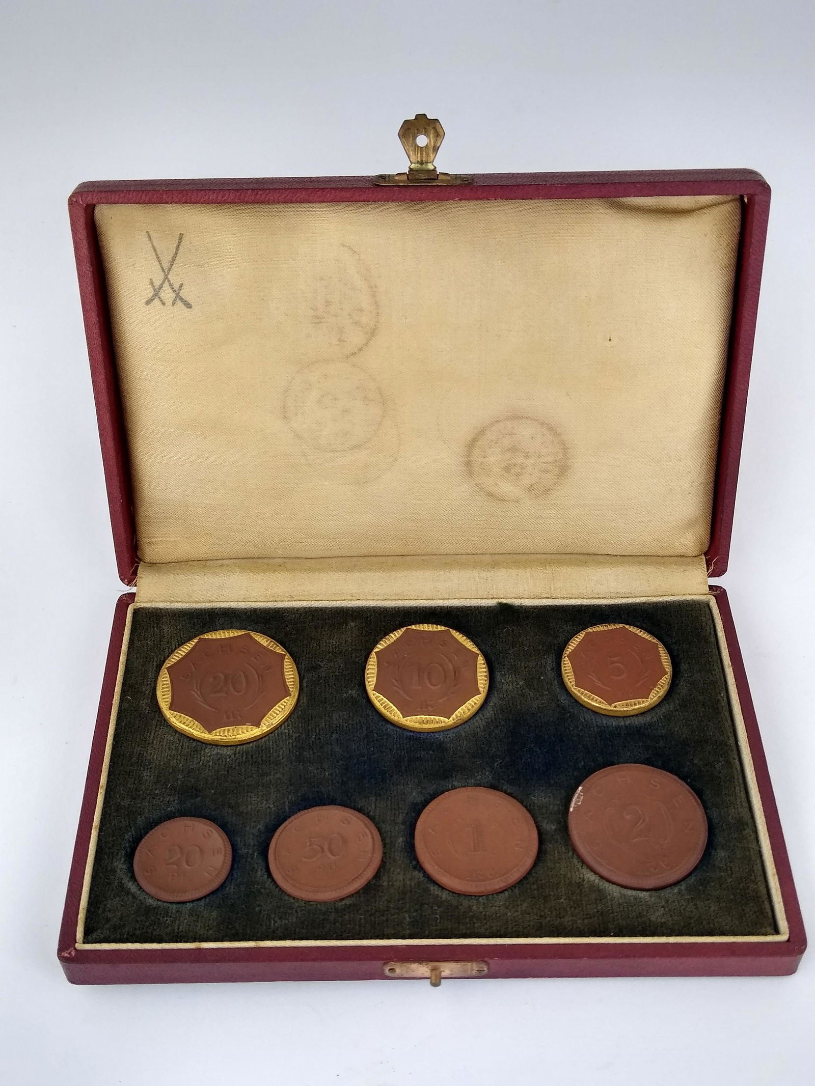 Complete set of seven German Meissen porcelain coins (1 of 1)