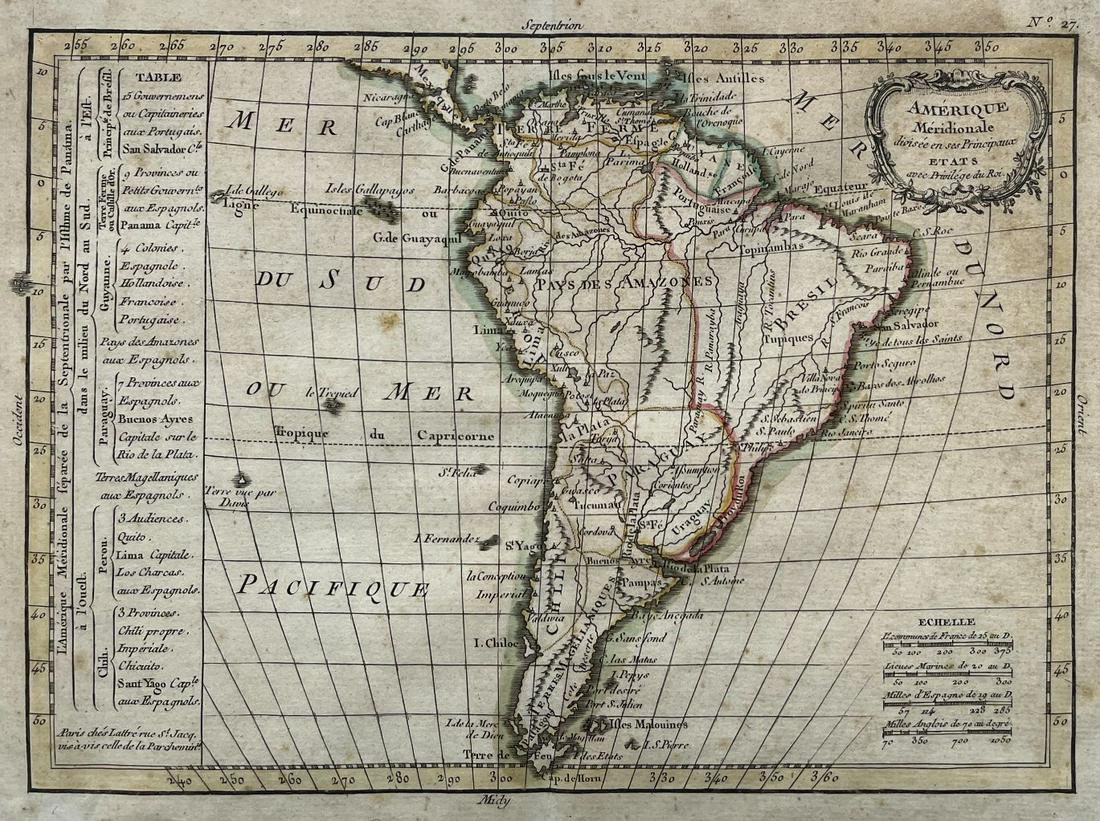 "America" french engraving: Coloured French engraving. "Amerique Meridonale divisee en ses principaux etats avex privilege du Roi." 20 x 27 cm. Framed.