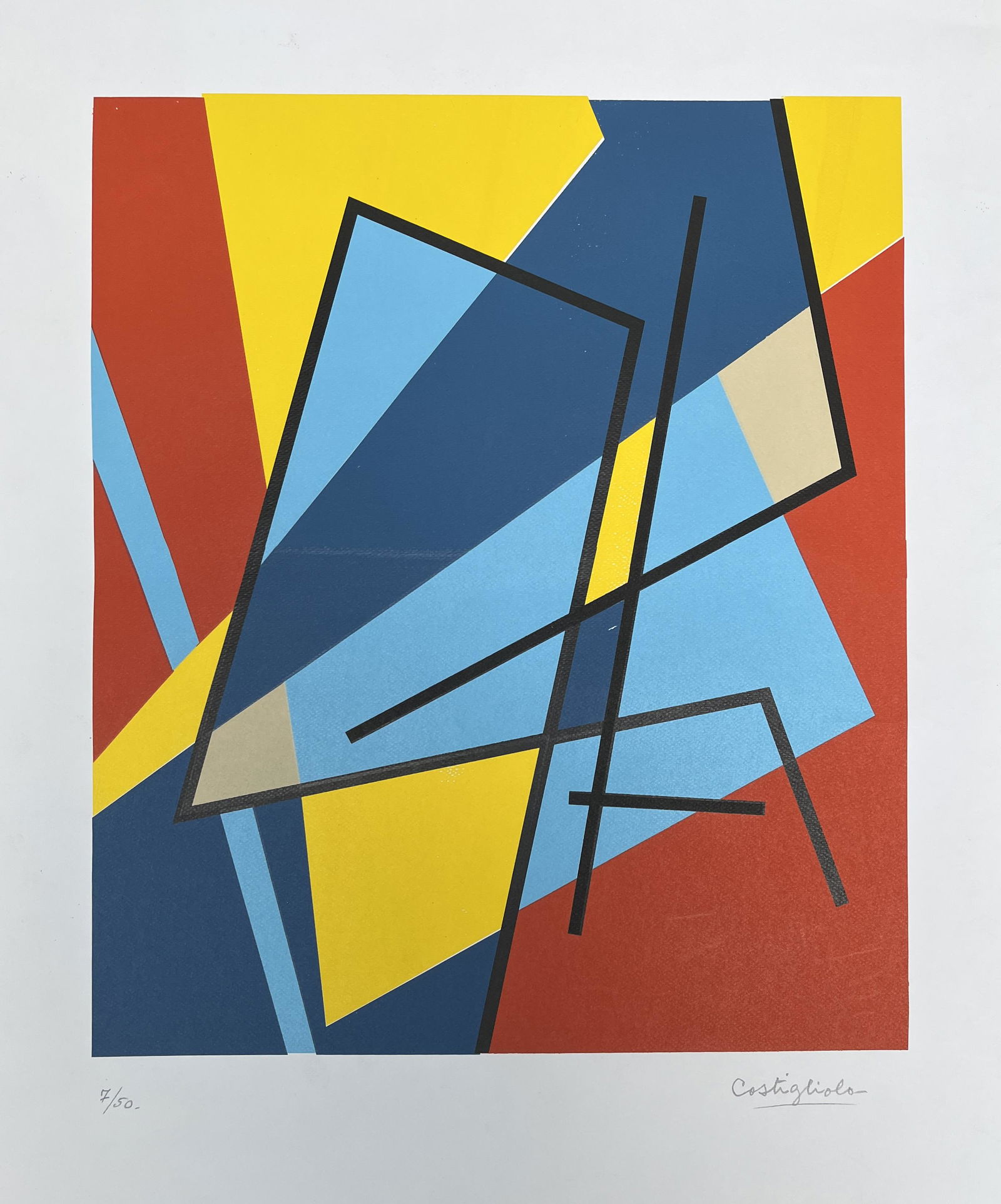 José Pedro Costigliolo: JOSÉ PEDRO COSTIGLIOLO (1901-1985). "Geometric shapes." Serigraphy. Signed in pencil lower right outside the work. Numbered in pencil "7/50" lower left outside the work. 45 x 38 cm.