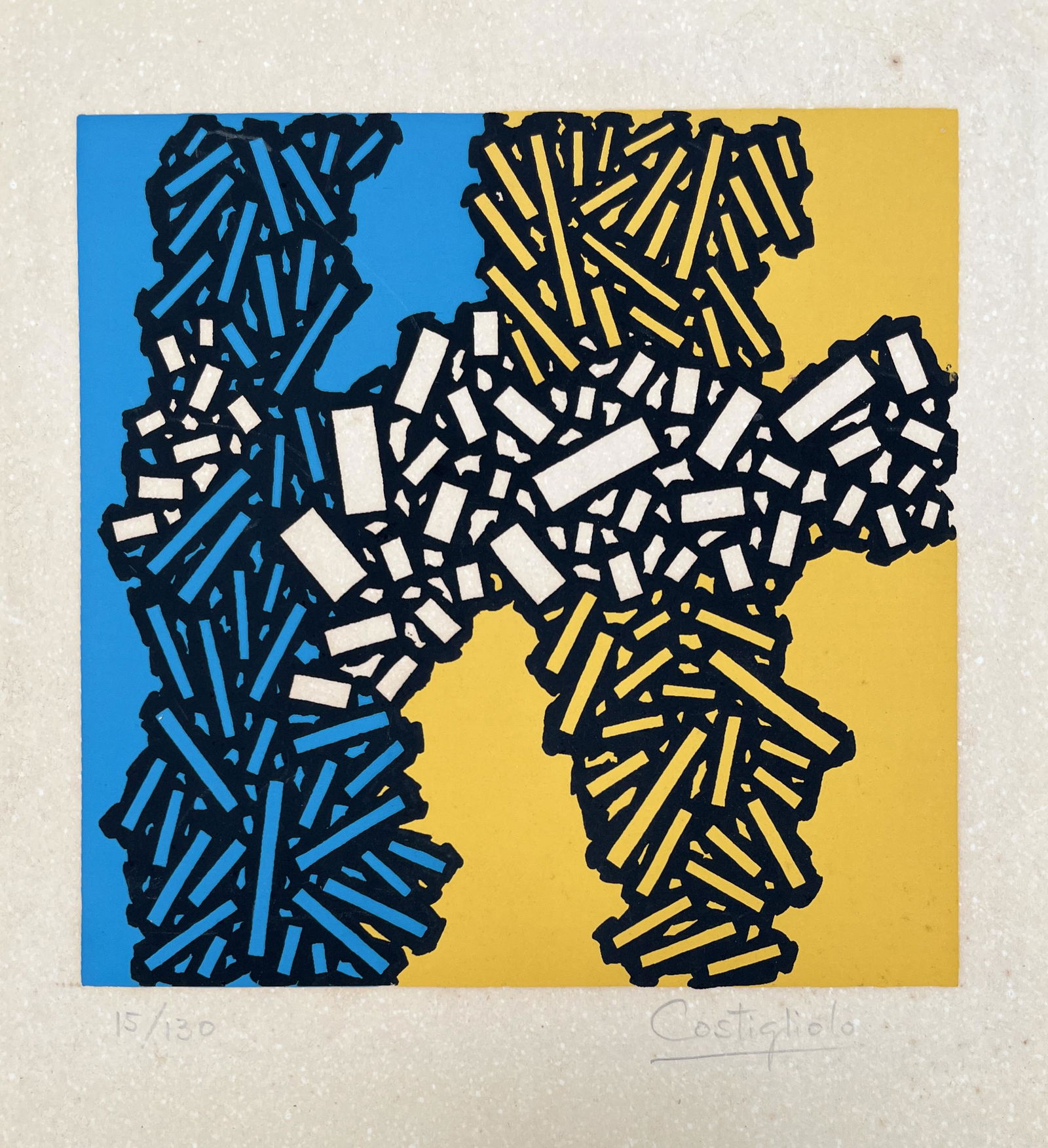 José Pedro Costigliolo: JOSÉ PEDRO COSTIGLIOLO (1901-1985). "Geometric in Blue and Yellow." Serigraphy. Dated in pencil lower right outside the work. Numbered in pencil "15/130" lower left outside the work. 16.5 x 16.
