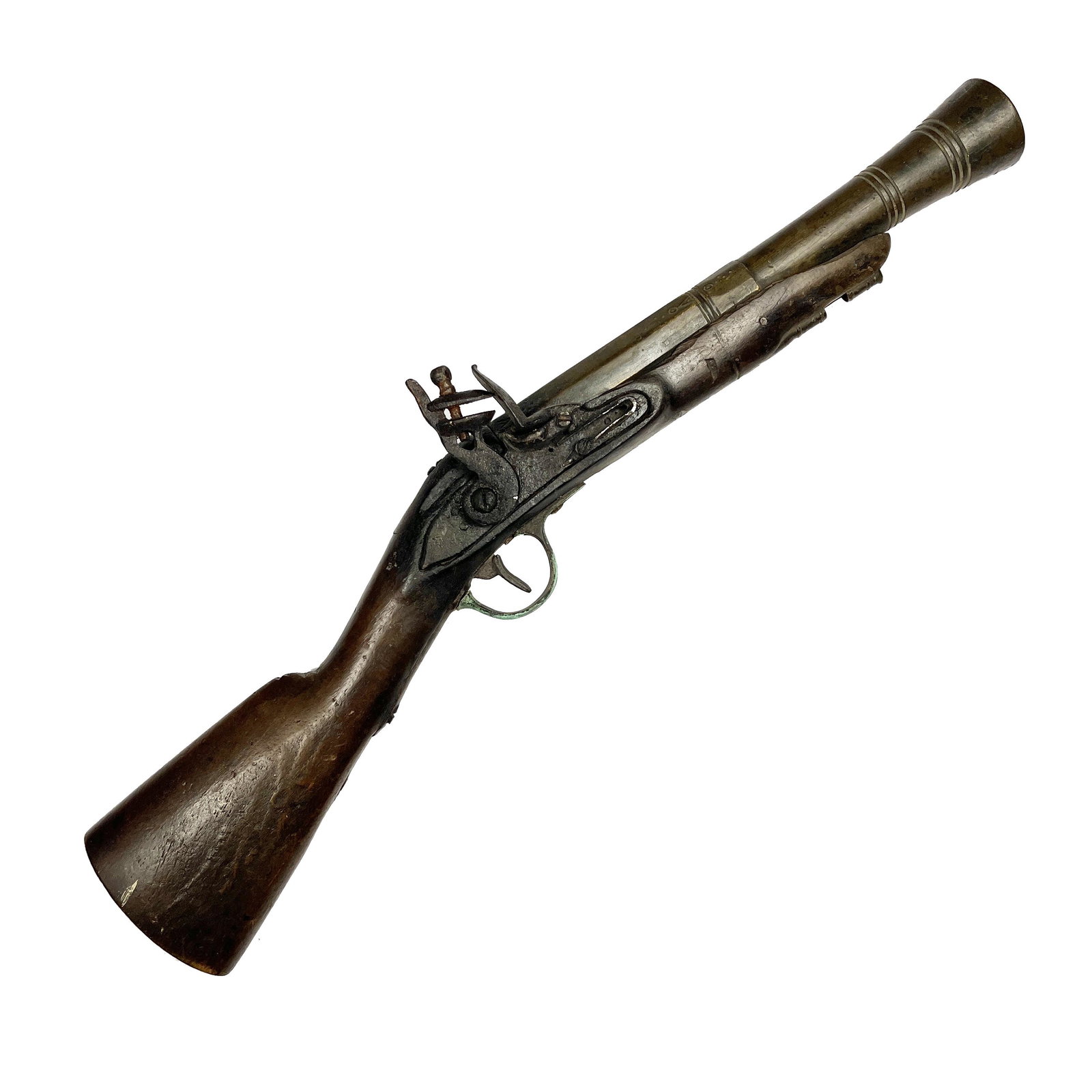 Belgian blunderbuss NOT FOR EXPORT: NOT FOR EXPORT Belgian muzzle-loading blunderbuss with spark or flintlock system. Chiselled bronze barrel, with octagonal section. Bronze trigger guard and ramrod holder. Total length 53 cm. Working, 