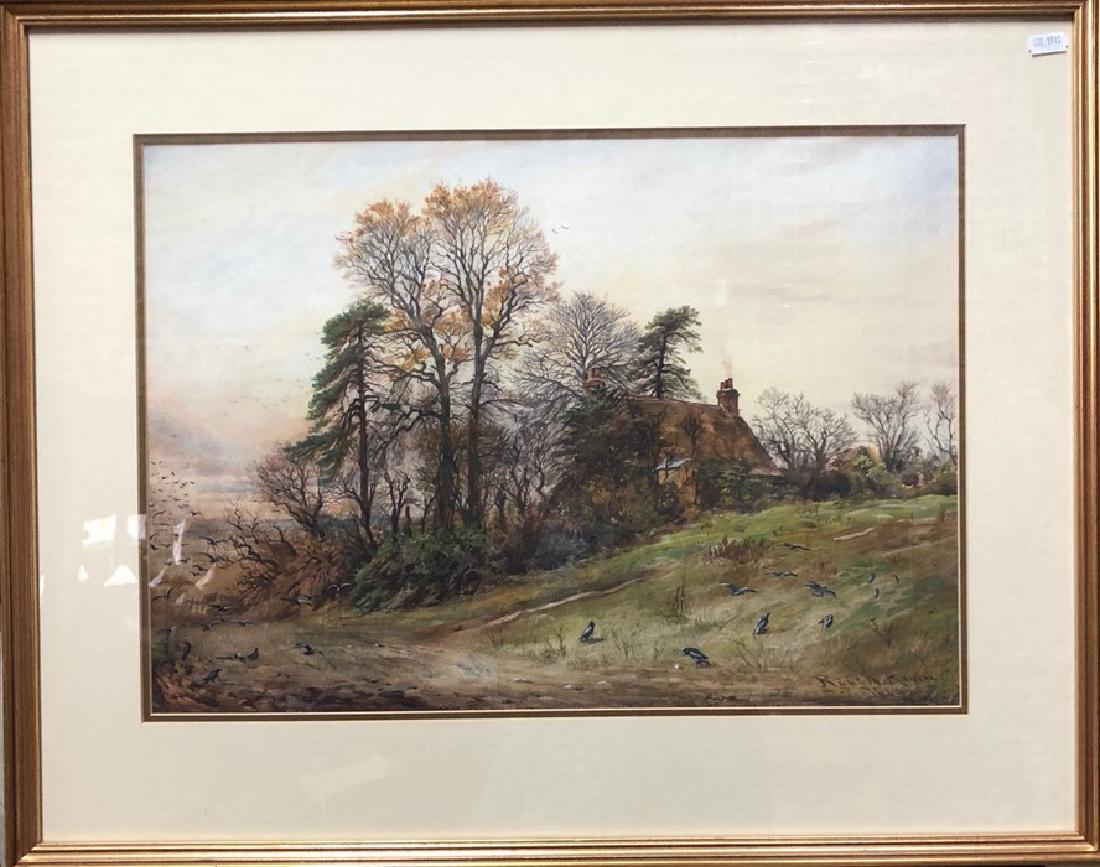 Richard M Rayner: Richard M Rayner - A country view with flock of birds, watercolour, signed and dated 1888 lower right, 36 x 50 cm