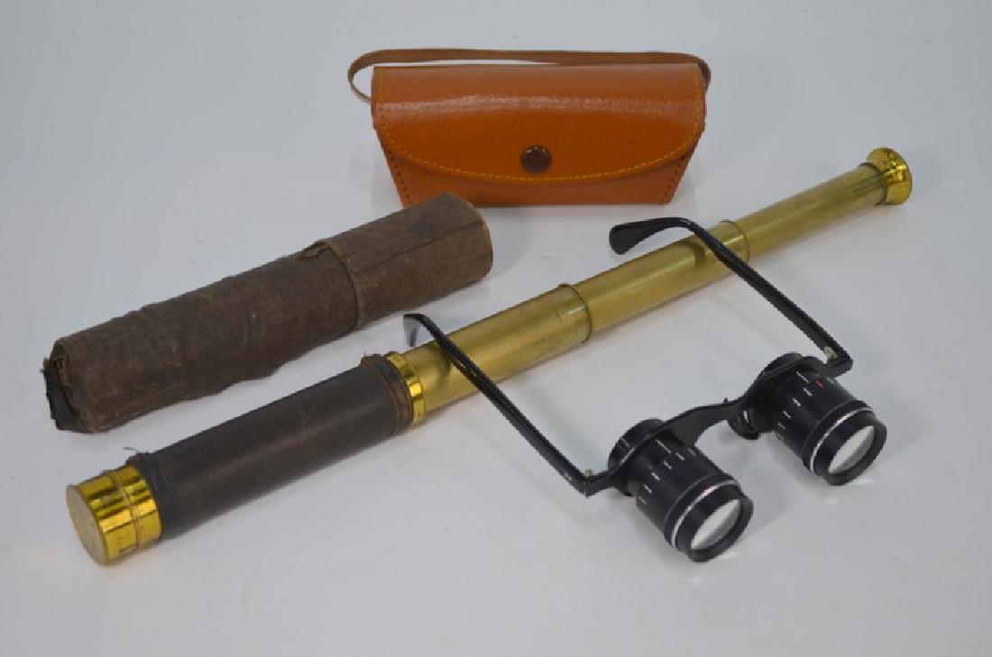 A Victorian lacquered brass four-draw pocket telescope: A Victorian lacquered brass four-draw pocket telescope with stitched Morocco leather sleeve and waxed cloth outer tube case, 40 cm overall to/w a Japanese pair of President 2.5x spectacle binoculars i