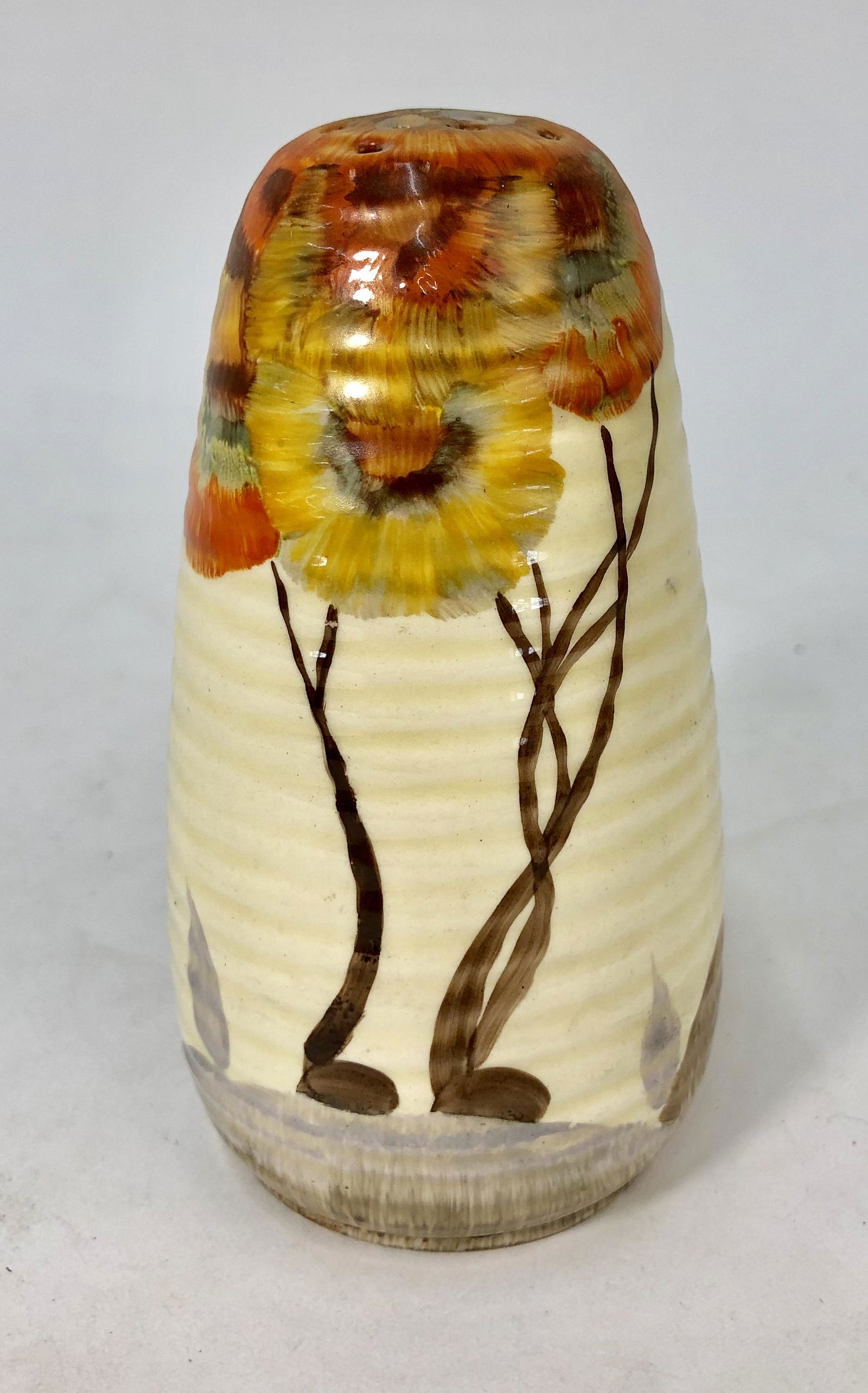 Clarice Cliff Art Deco 'Rhodanthe' pattern ovoid ribbed: Clarice Cliff Art Deco 'Rhodanthe' pattern ovoid ribbed sifter, c. 1934, 12.5 cm high