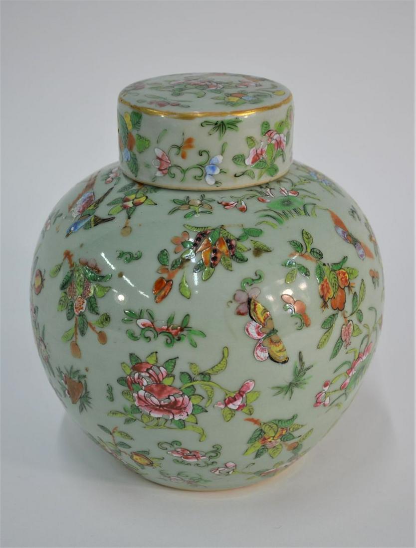 A Chinese Canton famille rose jar and cover, Qing: A 19th century Chinese famille rose jar and cover, typically painted in polychrome enamels with birds, butterflies and floral sprays on celadon ground, 18 cm high