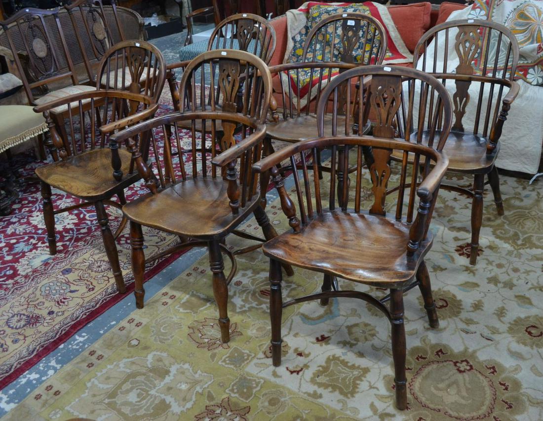 A harlequin set of six Windsor armchairs: A harlequin set of six 19th century yew, elm and ash Windsor armchairs, Nottinghamshire, circa 1830-40, two chairs by George Nicholson, Rockly, one by Frederick Walker, Rockly (6)