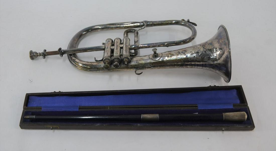 A silver-mounted ebony conductor's baton and cornet: A silver-mounted ebony conductor's baton with presentation inscription 'Championship of Essex 1935',. London 1934, 50 cm in fitted case, to/w a silver-plated cornet, Besson & Co of London 'Class A' (2