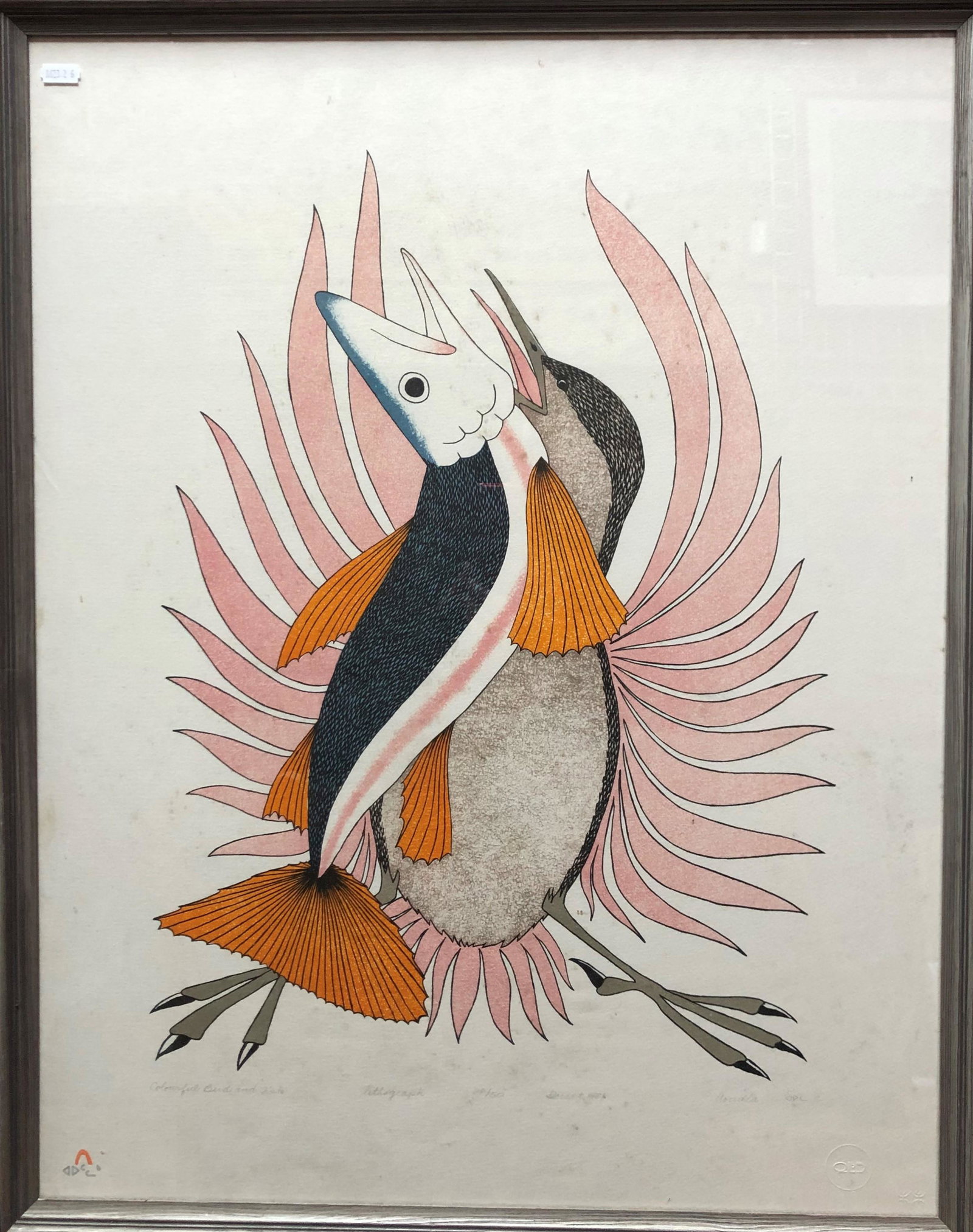 Inuit lithograph of bird and fish: Aoldua (Inuit) - 'Colourful bird and fish',Â numbered lithograph 26/50, Dorset 1981, signed in pencil and with monograph, 71.5 x 55 cm