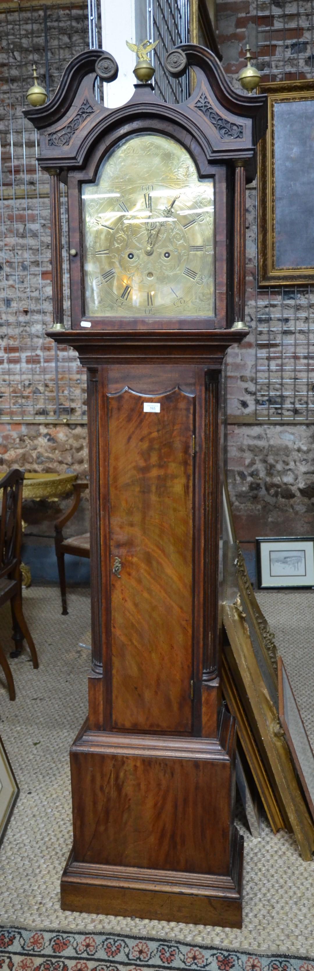 Adam Pringle, Edinburgh, a George III mahogany 8-day: Adam Pringle, Edinburgh, a George III mahogany 8-day longcase clock, the arched engraved brass dial with subsidiary seconds and square date aperture, 210 cm h o/all