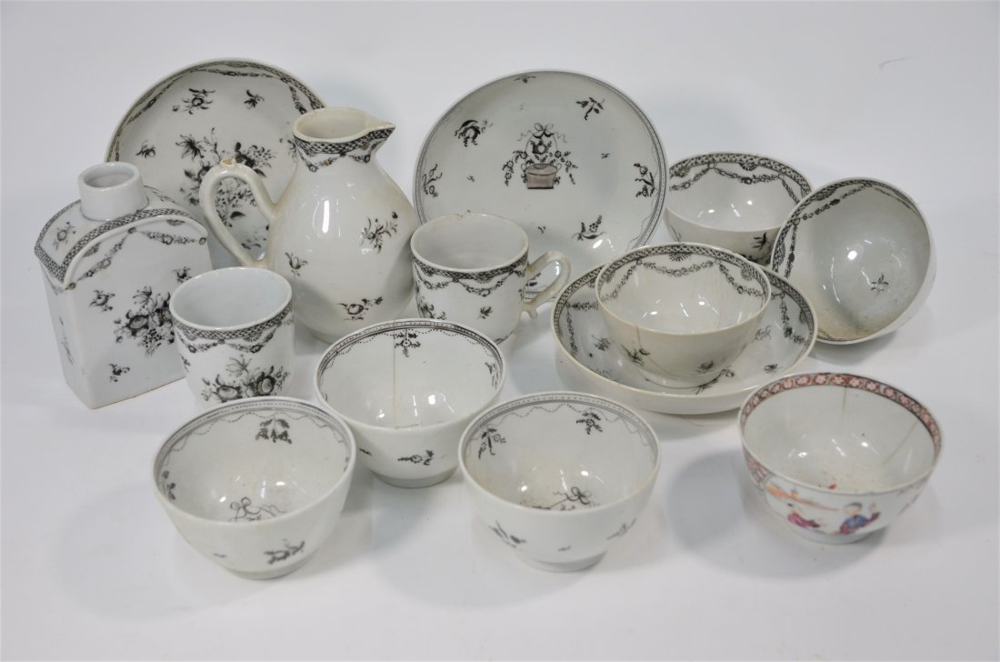 An 18th century Chinese export matched part tea set: An 18th century Chinese export matched part tea set comprising six tea bowls, three saucers, a small jug, two tea cups and a rectangular form tea caddy, all with floral and foliate decoration and diap
