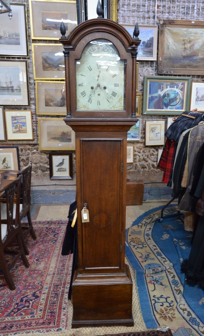 A 19th century 8-day oak longcase clock: William Flint, Ashford, an 19th century 8-day oak longcase clock, the enamelled arched dial with subsidiary seconds and date aperture, approx. 210 cm h o/all