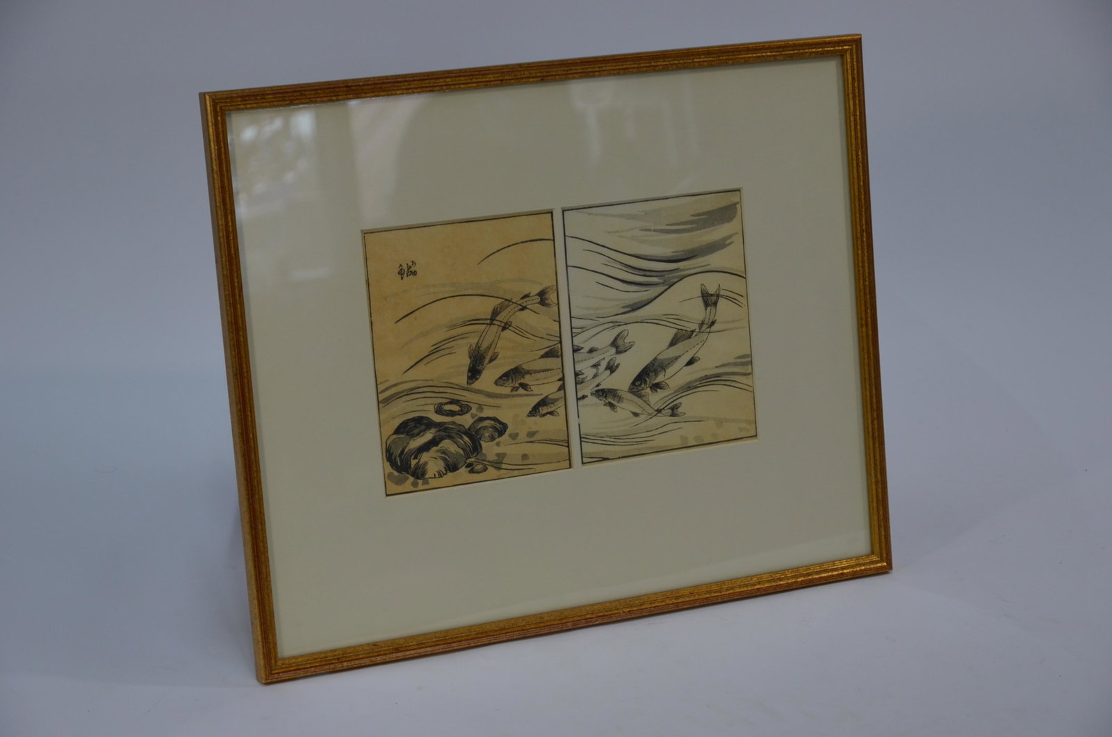 Tachibana Morikuni - A Japanese Diptych woodblock print: Tachibana Morikuni - A Japanese Diptych woodblock print of carp swimming upstream over a rocky riverbed, Meiji period circa1890, image size 17.5 cm x 28 cm to/w Nishiyama Kanei (1833-97) A Japanese do