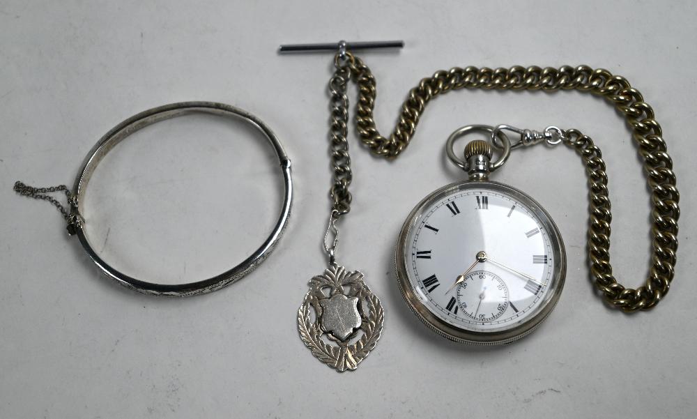 Silver pocket watch on ep chain, with silver bangle (1 of 6)