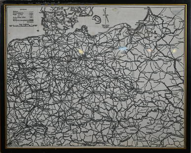 A World War II Air Ministry printed silk escape map of: A World War II Air Ministry printed silk escape map of Germany (issued for downed airmen and Prisoners of War), 36 x 45 cm, framed and glazed