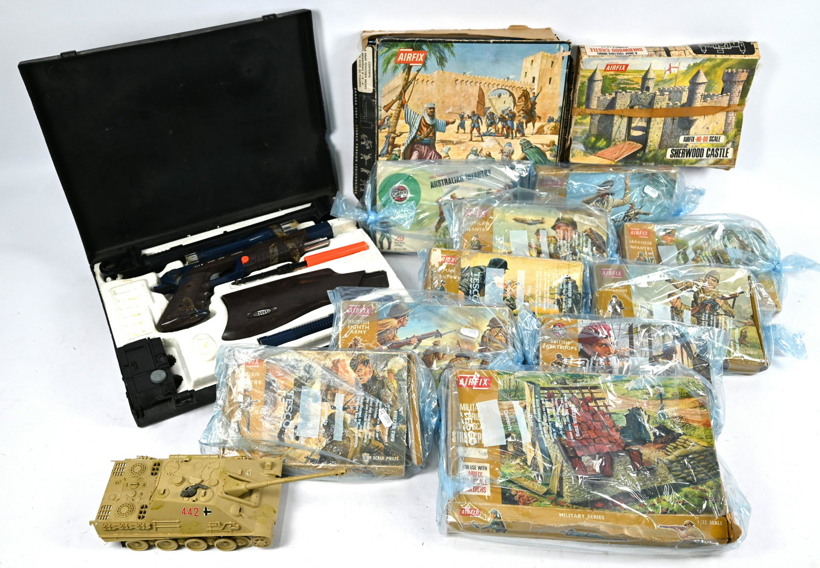 Assorted boxed 'Airfix' 32nd scale plastic figures: Assorted boxed 'Airfix' 32nd scale plastic figures circa 1970's to/with a cased 'Secret Sam' rifle
