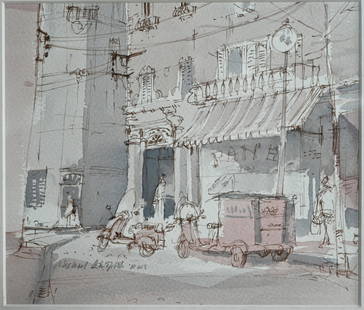 Michael Chaplin RWS (1943) - pen and wash: Michael Chaplin RWS (1943) - 'Bread shop, Barcelona', pen and wash, signed, 17 x 20 cm to/w 'Tereglio' watercolour, signed, 27 x 34 cm (2)