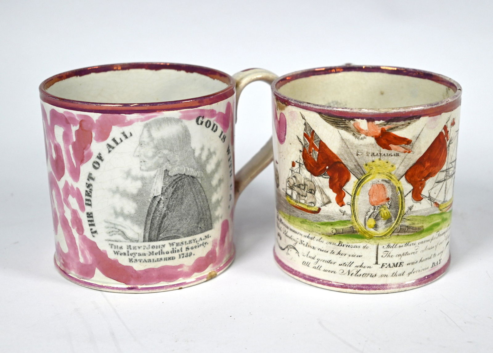 A scarce George III Sunderland lustre pottery mug: A scarce George III Sunderland lustre pottery mug, printed in commemoration of the Death of Nelson and the Battle of Trafalgar, 10 cm high, to/w a similar mug, commemorating Methodists John Wesley and