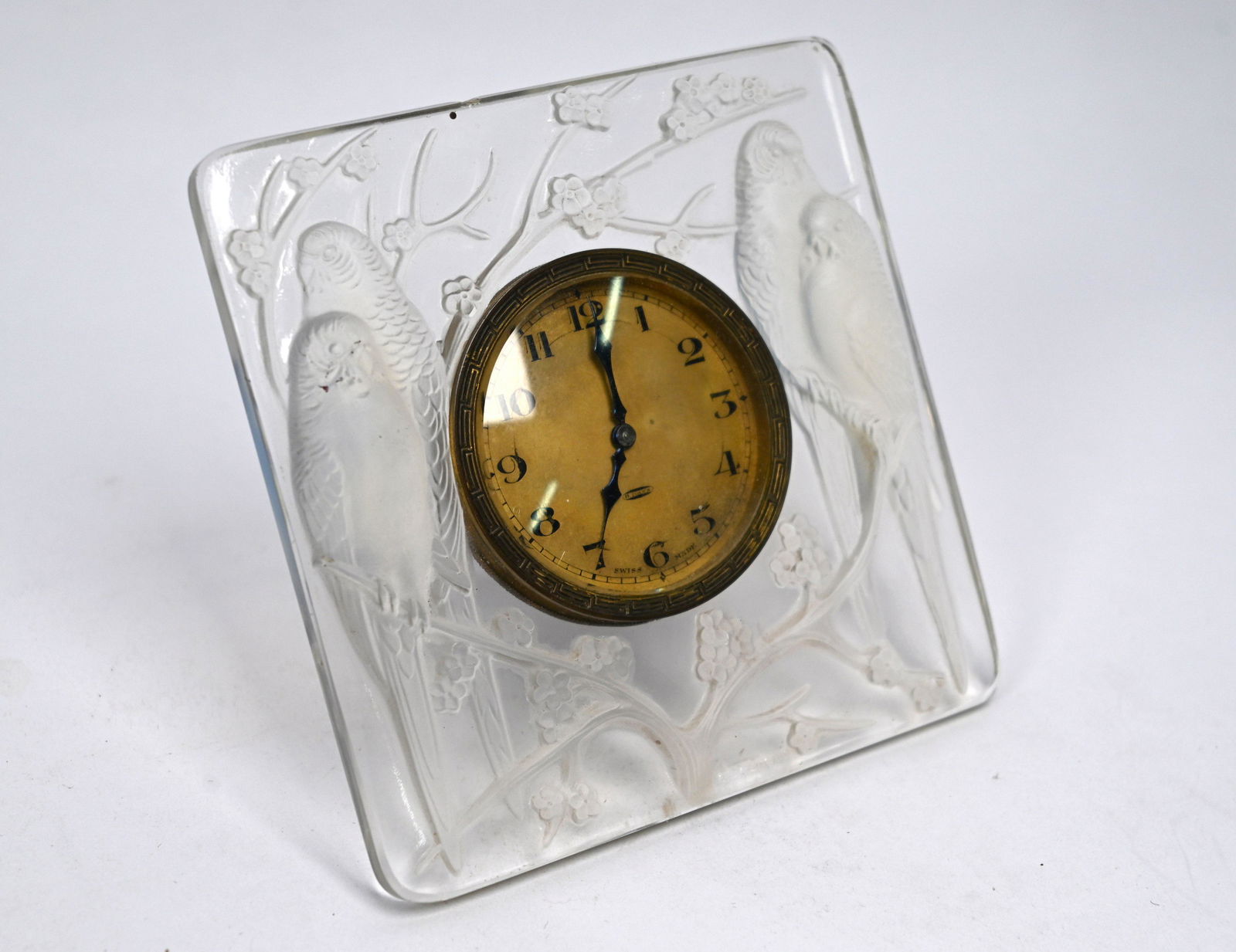 A Lalique opalescent glass 'Inseparables' strut clock (1 of 5)