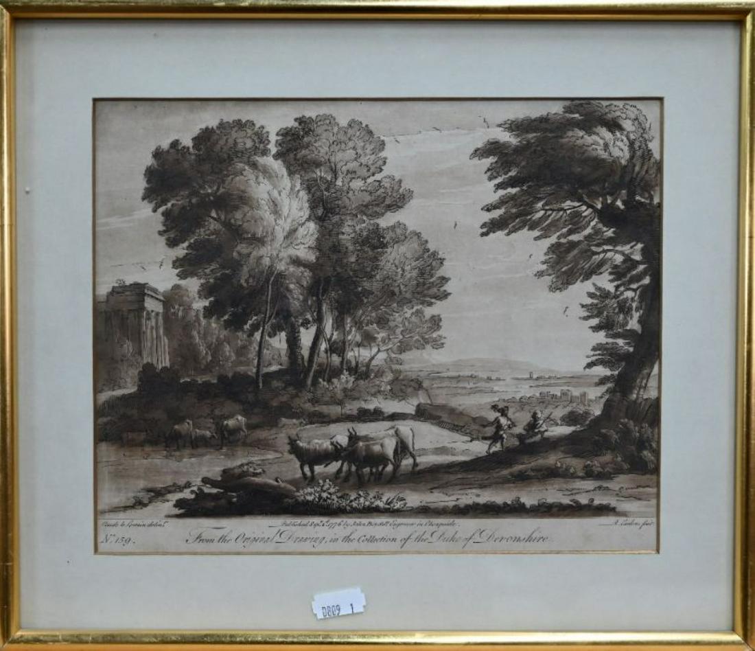 After John Boydell - Eleven various sepia engravings: After John Boydell - Eleven various sepia engravings after Claude Lorraine published 1774, from the original drawings in the collection of the Duke of Devonshire, various sizes, nos 8, 19, 22, 31, 36,