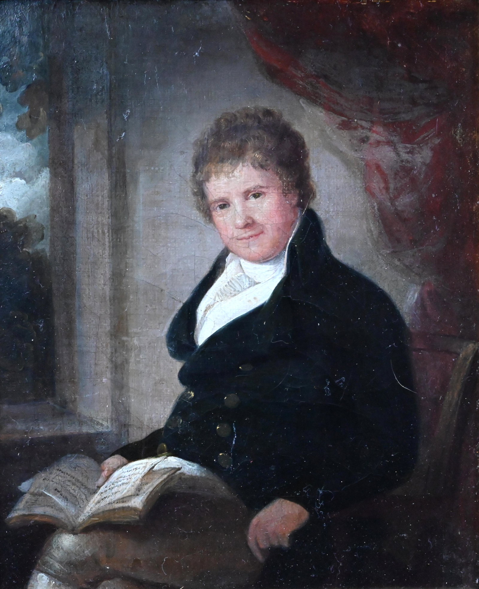 Early 19th century English school: Early 19th century English school - Portrait study of a gentleman with open book on his lap, seated before a window, oil on canvas, 22 x 18 cm