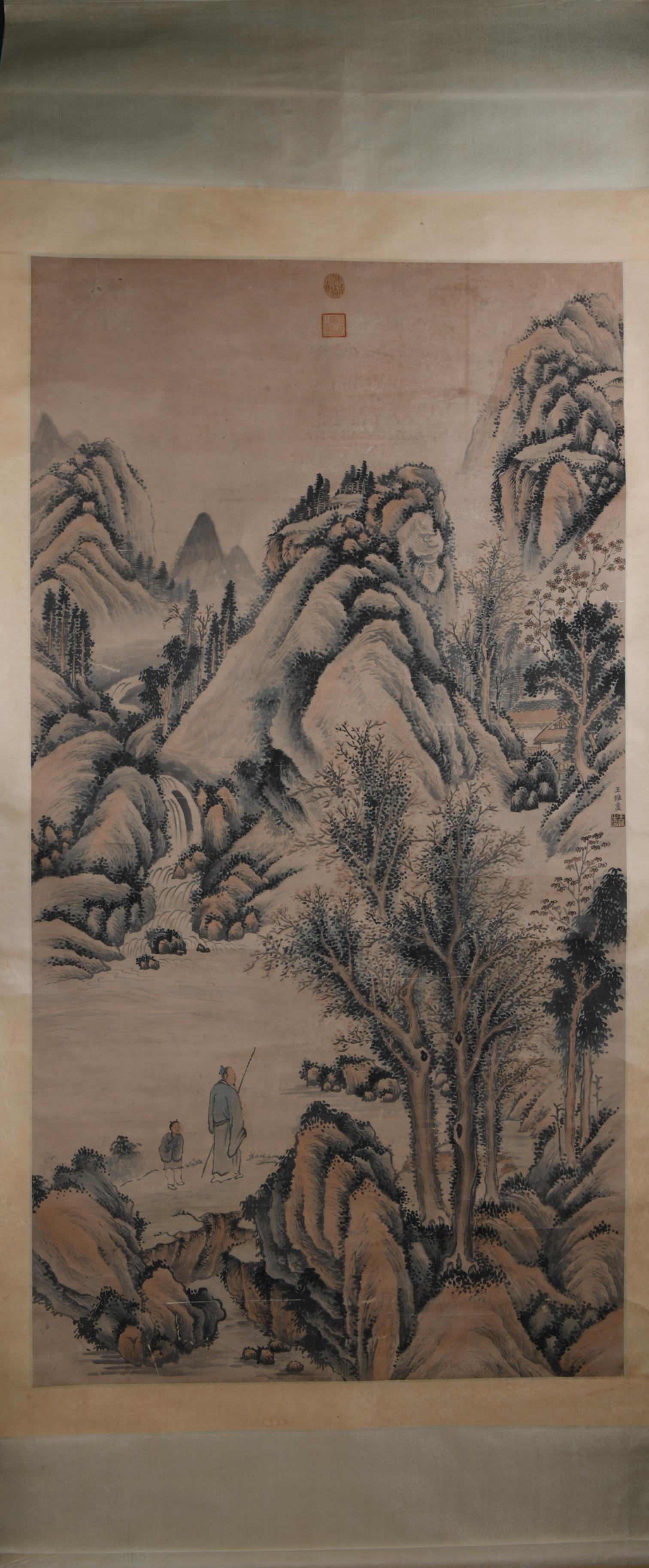 Qing dynasty Wang wei's landscape painting: length70.5in,width37in,