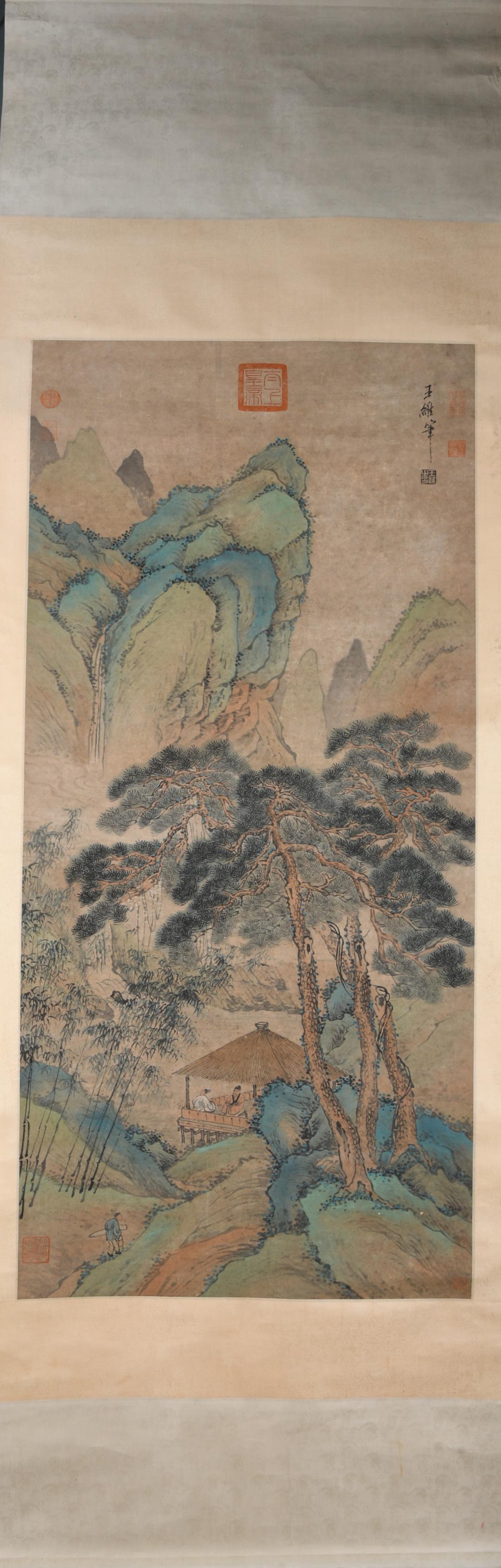 Tang dynasty Wang wei's green landscape painting: length52in,width24.4in,
