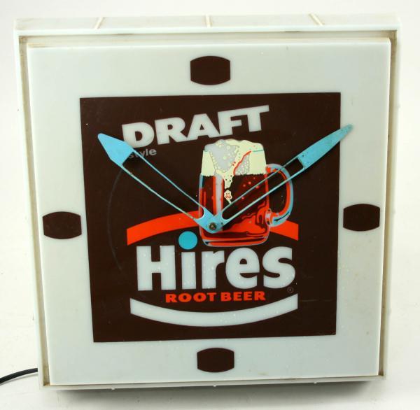 Hires Root Beer Lighted Hanging Adv Wall Clock: Lights up - clock not running; 15 1/2" tall Shipping for this lot will be $14.95