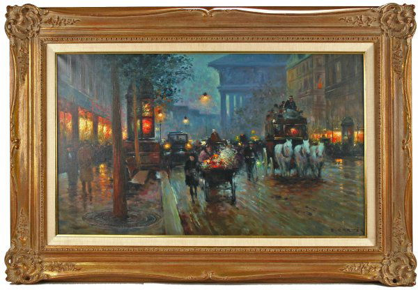 Oil Painting Rue de la Madeleine Edouard Cortes: Oil Painting on Canvas, Rue de la Madeleine, Edouard Cortes (1882-1969) Nighttime city street scene; exceptional light, uncommon size. Signed lower right. Vanishing-point pinprick noted in canvas. App